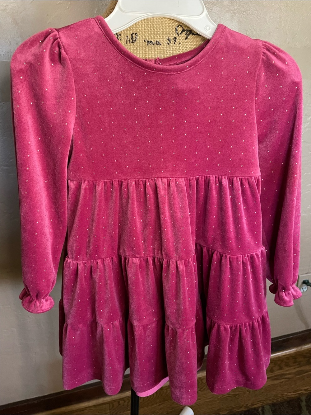 Tahari Girls' Pink Velvet Tiered Dress with Gold Accents